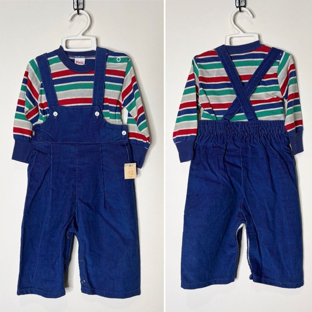 Vintage Pixie Playmates Baby Outfit Overalls Corduroy Blue Striped 12 months NWT